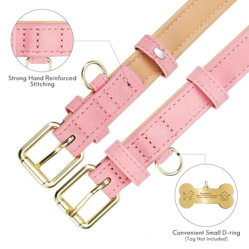 Jumpress Leather Dog Collar for Small Medium Large Dogs, Soft Padded Dog Leather Collar with Heavy Duty Gold Buckle, Durable & Comfortable for Medium Dogs Daily Walking (Pink, M) - Thumbnail 5