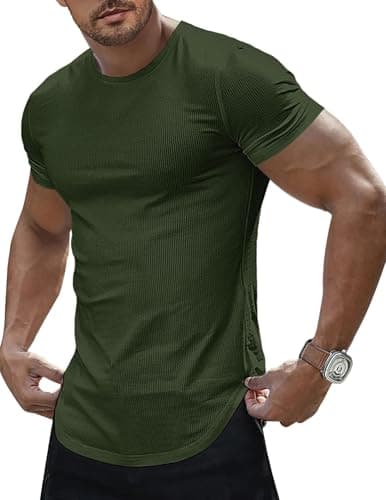 JMIERR Mens Short Sleeve T Shirt Muscle Slim Fitted Henley Shirt Crewneck Longline Tees Shirts for Gym Workout Athletic, XL, Green - Image 1
