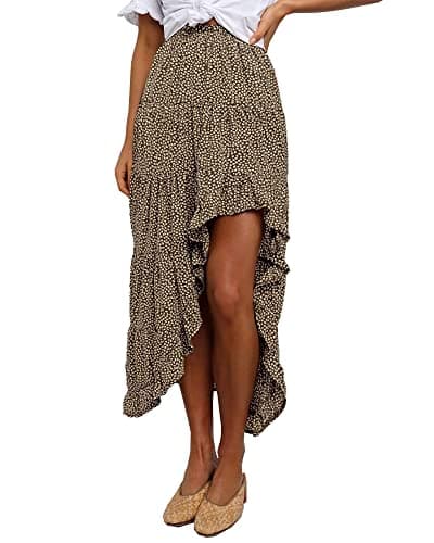 BTFBM Women 2026 Spring Summer Long Skirts Dress Boho Floral Elastic Waist Split Ruffle High Low Beach Maxi Skirt Clothes(Coffee, Small) - Image 1