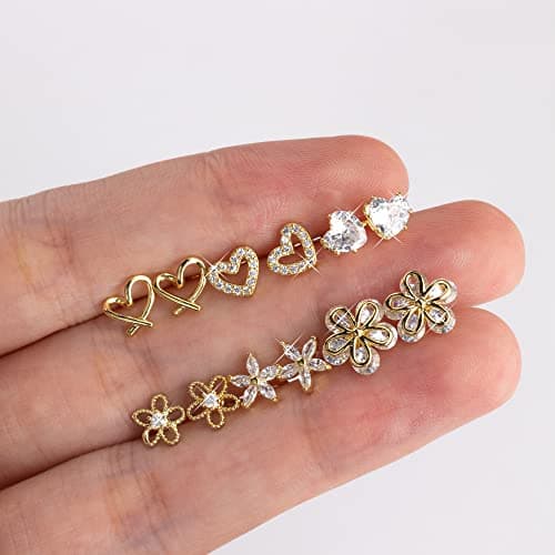 ALEXCRAFT Small Gold Stud Earrings 6 Pairs Cute Stud Earrings for Women Cubic Zirconia Earring Studs 14k Gold Plated Heart Earing for Women Hypoallergenic Pack - Thumbnail 5