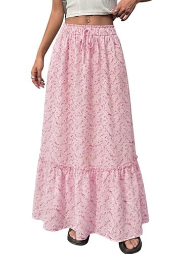BTFBM Womens Boho Maxi Skirt 2026 Summer Floral High Waisted Flowy Tiered Long Spring Beach Vacation Skirts Pockets(Pink, XX-Large) - Image 1