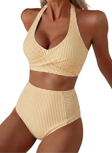Herseas Women's Bikini Sets High Waisted Halter Patch Pocket 2 Piece Swim Suit Striped V Neck Wireless Removable Padding Bathing Suits Casual Vacation Outfits Yellow Stripe Small - Image 1