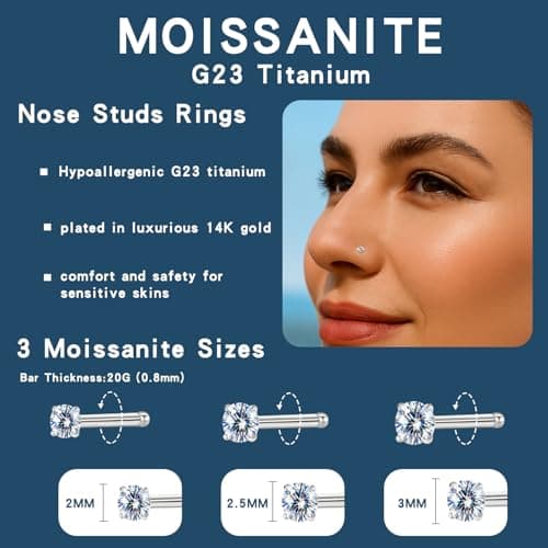 hooppoo Hypoallergenic G23 Titanium Nose Studs with Moissanite | Tiny Straight Bar Piercing Jewelry | 6-Piece Set in 2mm, 2.5mm, 3mm | Unisex Gift (Straight Bar/20G/Silver) - Thumbnail 5