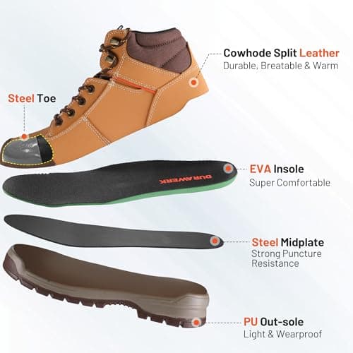 DURAWERK Steel Toe Shoes for Men, Light Comfortable High Top Work Boots, Non-Slip Safety Shoes for Men with Wide Toe Box, Indestructible Leather Construction Boots (Wheat, 10) - Thumbnail 5