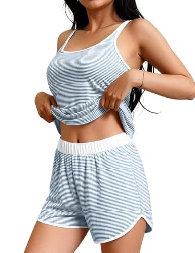 JUSTFASHIONNOW Womens Striped Tank Top Pajama Set 2 Piece Summer Cami and Shorts Pjs Set Comfy Sleeveless Resort Sleepwear(Blue,Medium) - Image 1