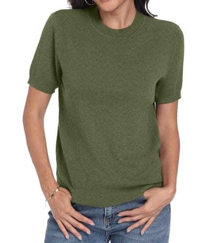 Lepunuo Women's Wool Blend Sweaters Summer Lightweight Short Sleeve Tops Business Casual Knit Blouses 2026 Grass Green - Thumbnail 2