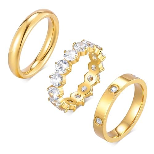 Stackable Gold Rings for Women - 3Pcs 18K Gold Plated Ring, Stainless Steel Cubic Zirconia Bands, Waterproof Non-Tarnish Minimalist Jewelry Fashion Trendy Gift for Party Prom Birthday Valentine's Day - Image 1