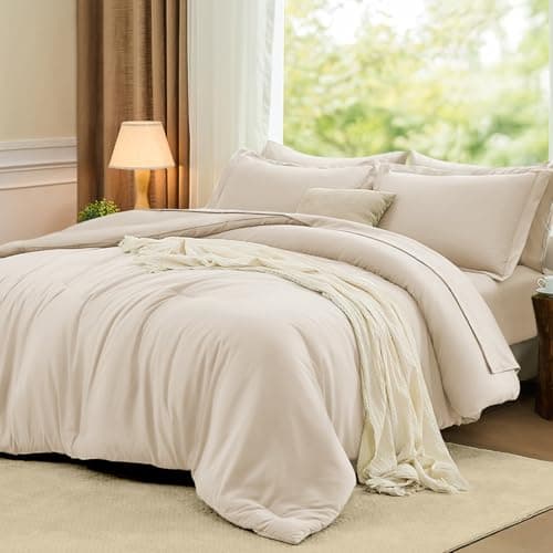 FUANNA California King Comforter Sets Beige, 7 Pieces Cal King Size Bedding Set, All Season Lightweight Bed in a Bag with Comforter, Flat Sheet, Fitted Sheet, Pillowcases & Shams