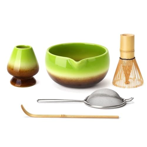 Joiish Matcha Whisk Set, Gradient Matcha Kit, Ceramic Bowl with Spout (18oz), Bamboo Whisk, Stainless Sifter, Scoop & Chasen Holder, 5-PC Complete Macha Tea Ceremony Tools (Bamboo-Green) - Image 1
