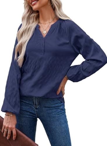Dokotoo Plus Size Tops for Women Spring Outfits 2026 Casual Textured V Neck Flowy Shirts Long Lantern Sleeve Button Down Navy Blue Shirt Loose Blouse Cute Tops for Women X-Large - Image 1