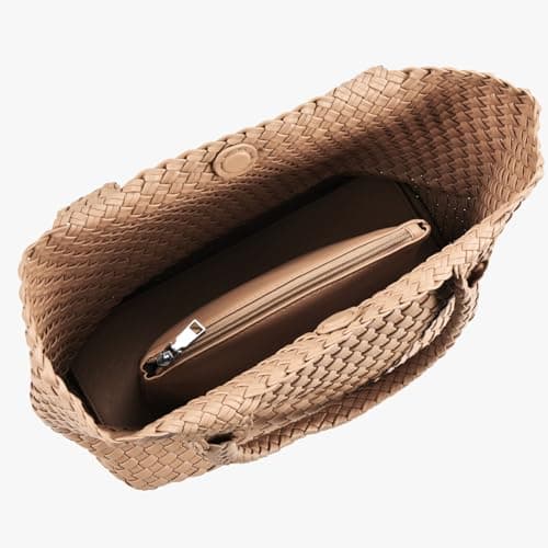 Woven tote Bag for Women, Large woven handbag Shoulder Bag Soft Vegan Leather with Inner Zipper Pouch Khaki - Thumbnail 5