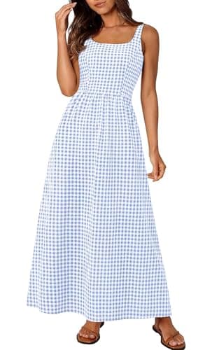 PRETTYGARDEN Women's 2026 Summer Spaghetti Strap Maxi Dresses Plaid Square Neck A Line Casual Beach Vacation Long Sundress (Light Blue,X-Large) - Image 1