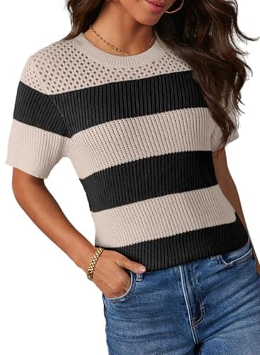 Dokotoo Summer Tops for Women Fashion Striped Short Sleeve Shirts 2025 Cute Color Block Round Neck Knitted Top Blouses Womens Casual Spring T Shirts Black X-Large - Image 1
