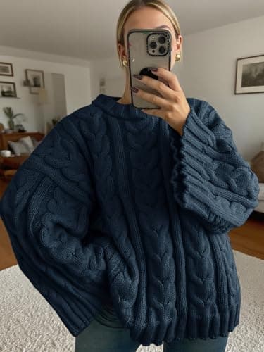 Saodimallsu Womens Oversized Sweaters Cable Knit Bell Batwing Sleeve Crew Neck Fall Winter Chunky Pullover Tops Navy - Thumbnail 2