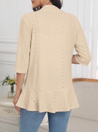 Askyes Lightweight Summer Cardigan for Women Spring Netted Knit Ruffle Half Sleeve Kimono Cover Ups Cardigans,Light Khaki,L - Thumbnail 3