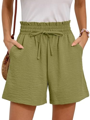 Moodclo Summer Casual Shorts Yellow Green 2X-Large with Pockets Loose Fitting 2025 Clothes High Waisted Wide Leg Drawstring Beach Vacation Trendy Outfits - Image 1