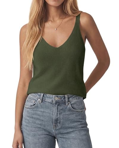 KIRUNDO V Neck Ribbed Knit Tank Tops for Women Sleeveless Sweater Vest Basic Camisole 2026 Summer Clothes Spring Outfits(Army Green, X-Large) - Image 1