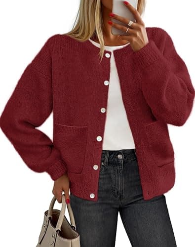 MEROKEETY Women's Long Sleeve Knit Cardigan Sweaters 2025 Fall Crewneck Button Open Front Jackets with Pockets, Wine, X-Large - Image 1