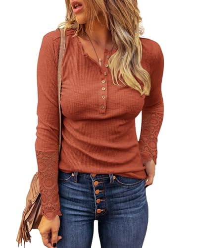 BTFBM Women Long Sleeve Shirts Spring Solid Button Up V Neck Lace Long Sleeves Slim Fit Knit Casual Fall T-Shirts 2026(Orange,XX-Large) - Image 1