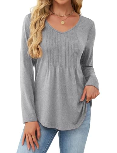 JUSTFASHIONNOW Long Sleeve Shirts for Women Fall Tops Dressy Casual Blouses Pleated V Neck Loose Fit Teacher Tunic Tops to Wear with Leggings Winter Clothes (Gray, Medium) - Image 1