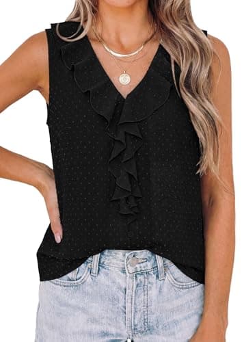 PRETTYGARDEN Womens Tank Tops 2026 Summer Dressy Casual Blouses Sleeveless Ruffle V Neck Swiss Dot Button Down Work Shirts (Black,Small) - Image 1