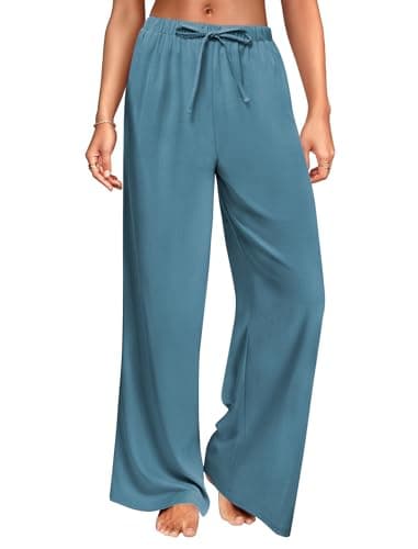 DLOODA Wide Leg Linen Pants for Women, Loose Flowy Palazzo Pants with Pockets Drawstring Trousers Summer Beach Vacation Lake Blue - Image 1