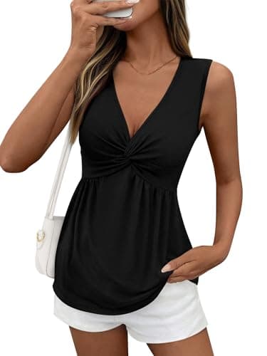 BTFBM Tank Top for Women 2026 Spring Summer Tops Babydoll Twist Front V Neck Sleeveless Flowy Dressy Casual Blouses(Black, X-Small) - Image 1