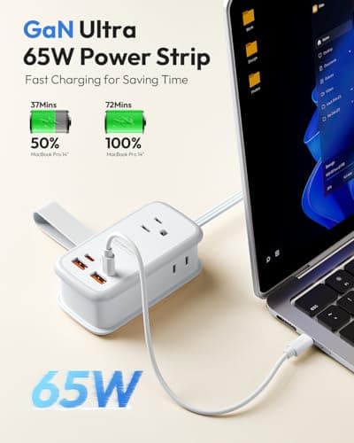 NTONPOWER GAN Ultra 65W USB Charging Station, 7 in 1 Travel Power Strip with 3 Outlets 4 USB (2 USB C), Extension Cord 4ft, Travel Essentials, Cruise Power Strip Compatible with MacBook, iPhone, White - Thumbnail 2