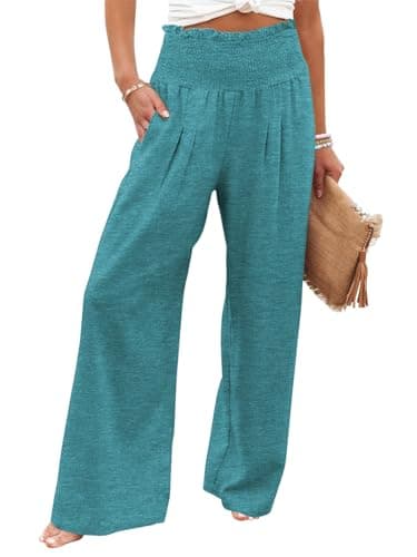 GEMLON Womens Wide Leg Pants High Waisted Palazzo Pants Lightweight Flowy Lounge Trousers Baggy Pants Turquoise L - Image 1