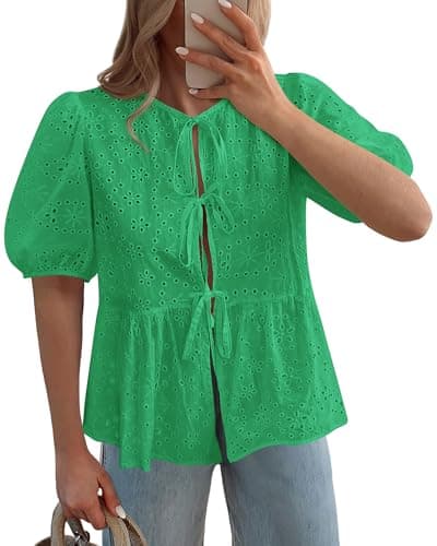 KIRUNDO Peplum Tops for Women 2026 Summer Eyelet Tie Front Blouses Casual Short Lantern Sleeve Cute Y2K Lace Babydoll Shirts(Green, Small) - Image 1
