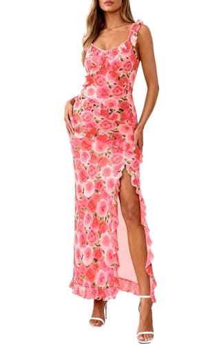 PRETTYGARDEN Boho Floral Bodycon Dress for Women Casual V Neck Sleeveless Adjustable Strap Tiered Pleated Slit Modest Dresses (Pink Floral, XX-Large) - Image 1