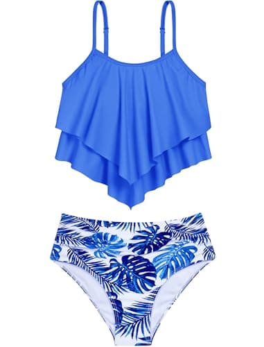 Girls Bathing Suit Size 8 7 Royal Blue Tropical Leaf Kids Two Piece Bikinis Swimsuits Swimwear Tiered Ruffle Swimming Suits - Image 1
