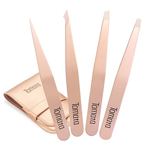 Tomata Tweezers for Eyebrows, Slant Tip and Pointed Eyebrow Tweezer Set Great Precision for Eyebrows Facial Hair, Ingrown Hair, Splinter, Blackhead and Tick Remover (4-piece) (Gold) - Image 1
