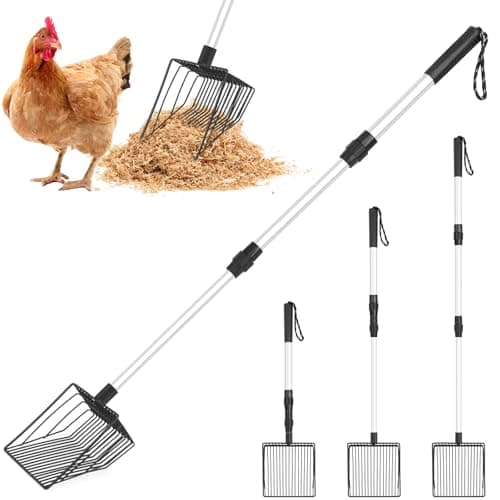 Chicken Poop Scooper & Rake, 3 in 1 Chicken Coop Scoop 23" to 42" Adjustable Metal Shovel Head and Handle, Litter Sifting Shovel for Chickens Coop, Farm, Sheep Pen, Cat Litter, Stable Cleaning