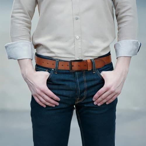 OZNDAS Men's Leather Belt Full Grain Leather Belts for Men Handmade Real Solid Top-Grain Leather Heavy-Duty Work Belt Gifts Brown Leather Belt for Wasit 40"-43" - Thumbnail 5