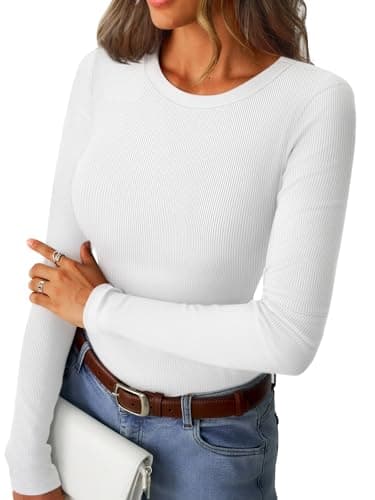 GKBK Womens Long Sleeve Ribbed Tops Fitted Stretch Casual Crewneck Basic Tee Shirts Tight Layering 2026 Fall Fashion Outfits White S - Image 1