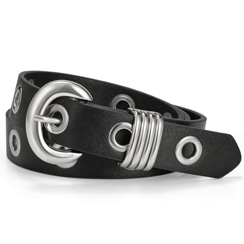 XZQTIVE Women Leather Belt for Jeans Pants Dress Fashion Casual Ladies Waist Belt with Gold Buckle, Black(eyelet-silver) - Image 1