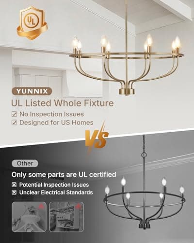 Yunnix 8 Light Champagne Bronze Chandelier, 30 Inch Large Wagon Wheel Light Fixture - UL Listed Entire Fixture - Champagne Gold Modern Farmhouse Chandelier for Dining Room, Kitchen Island, Foyer - Thumbnail 2