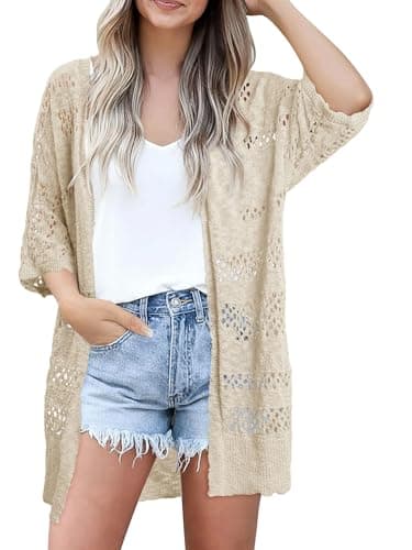 KISSMODA Crochet Cardigans for Women 2026 Summer Apricot Loose Fit Lightweight Boho Short Sleeve Open Front Cardigan for Wine Tasting Days XXL - Image 1