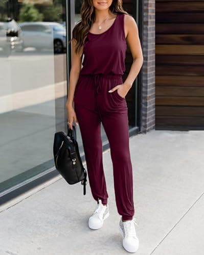 KIRUNDO Women 2026 Summer Jumpsuits Casual Sleeveless Drawstring Elastic Waist Romper Vacation Cruise Airport Travel Outfits(Wine Red, Large) - Thumbnail 3