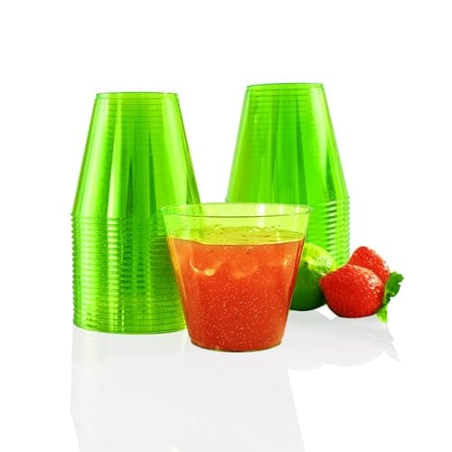 KINGSUSLAY 50Pack Glitter Green Plastic Party Cups, 9 oz Clear Fancy Disposable Cups,Thicker, Heavy-Duty Disposable Hard Plastic Cups,Tumblers Cups for Thanksgiving, Christmas, Bithday,etc.