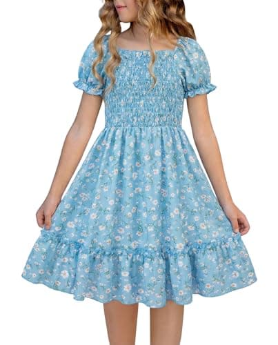 FREELYVE Girls Summer Floral Smocked Dress Square Neck Puff Sleeve Ruffle School Party Teen Sundress,Blue,8-9Y - Image 1