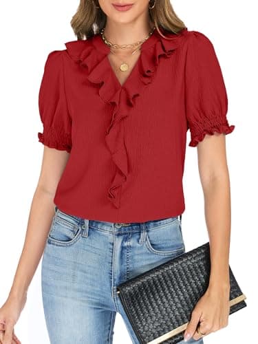 Funlingo Blouses for Women Dressy Casual Short Puff Sleeve Business Work Tops Summer V Neck Ruffle Shirts Office Clothes Smocked Cuffs Red S - Image 1