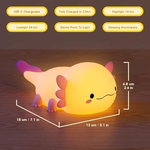 UNEEDE Axolotl Night Light for Kids, Animal Silicone Nursery Night Lamp, Rechargeable Table Lamp Bedside Lamp, Cute Room Decor Night Light for Bedroom Living Room Dining Desk Decor Gift Kawaii Toys - Thumbnail 6