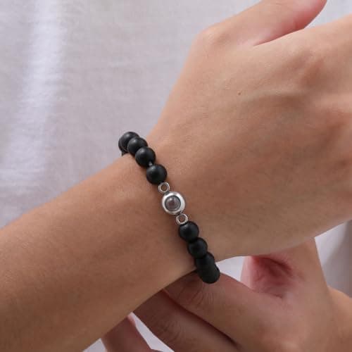 Gamtic Personalized Photo Projection Bracelet for Men,Custom Picture Bracelet Black Beaded Cross Bracelet, Meaningful Gift for Him Dad Husband Boyfriend Son - Thumbnail 6