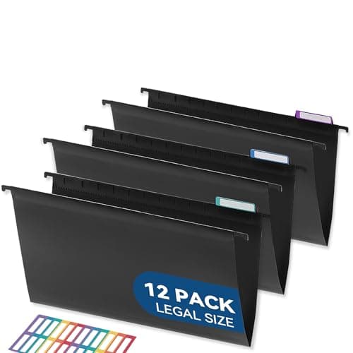 SortRax Plastic Legal Size Hanging File Folders, 12 Pack Black Hanging Folders, with Insertable 1/5-Cut Tabs for Filing Cabinets - Image 1