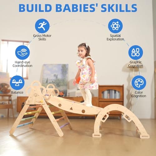 VENSEEN Baby Pikler Triangle Set with Cushion, 9-in-1 Foldable Wooden Climbing Toys for Toddlers, Indoor Montessori Jungle Gym Set for Kids Birthday Gift - Thumbnail 4
