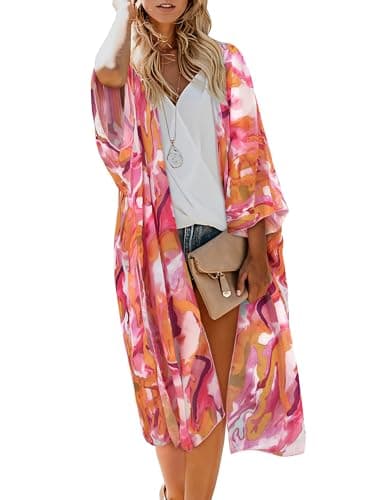 MayBuy Beach Cover Ups for Women Kimonos Boho Swimsuit Chiffon Coverups Long Flowy Swimwear Cardigan Summer Open Front Cover Up Pink Purple Floral S - Image 1
