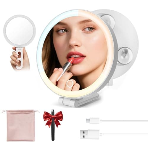 Travel Makeup Mirror with Lights, Lighted Magnifying Mirror 10X, 4-in-1 Portable for Handheld, Tabletop, Hanging and Wall Mount with Suction Cup and 3 Color Light, Ideal Gift for Women and Seniors - Image 1