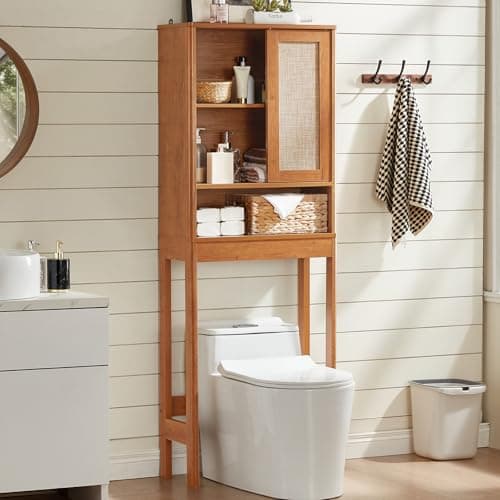 LEYAOYAO Over The Toilet Storage Cabinet with Rattan Sliding Door, 68" Tall Wood Above Toilet Bathroom Organizer w/Adjustable Shelf & Curved Profile, Space Saver Freestanding Washer Shelf - Image 1